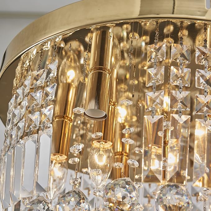 Saint Mossi Modern K9 Crystal Raindrop Chandelier Lighting, Flush Mount Ceiling Light, Perfect for Dining Room Bathroom Bedroom Livingroom, 9 x E12 Bulbs, H11 x D20, Clear Crystal & Brass Canopy