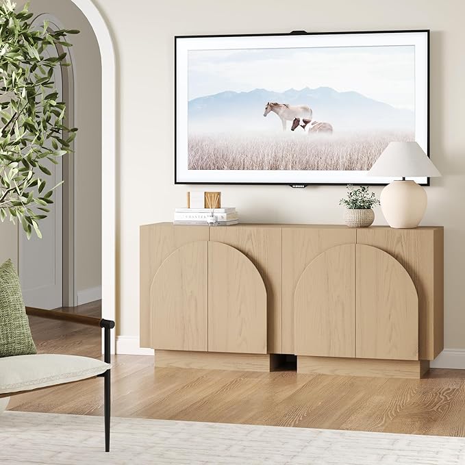 Nathan James Iris Mid-Century Modern Credenza, Light Brown TV Stand, Living Room Wood Storage Cabinet with Arched Cabinet Doors, White Oak, Set of 2
