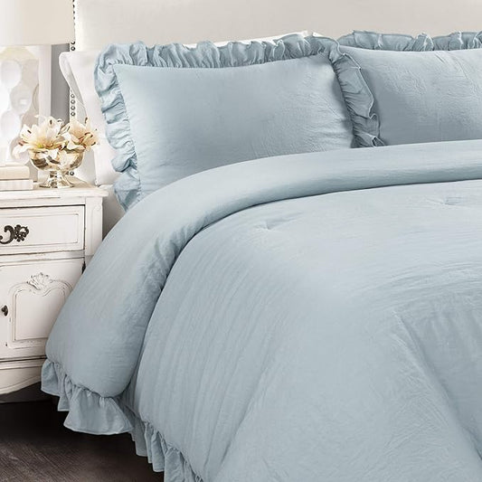 Lush Decor Reyna Ruffle Comforter Set, King, Lake Blue, 3 Piece Cozy Bedding Set