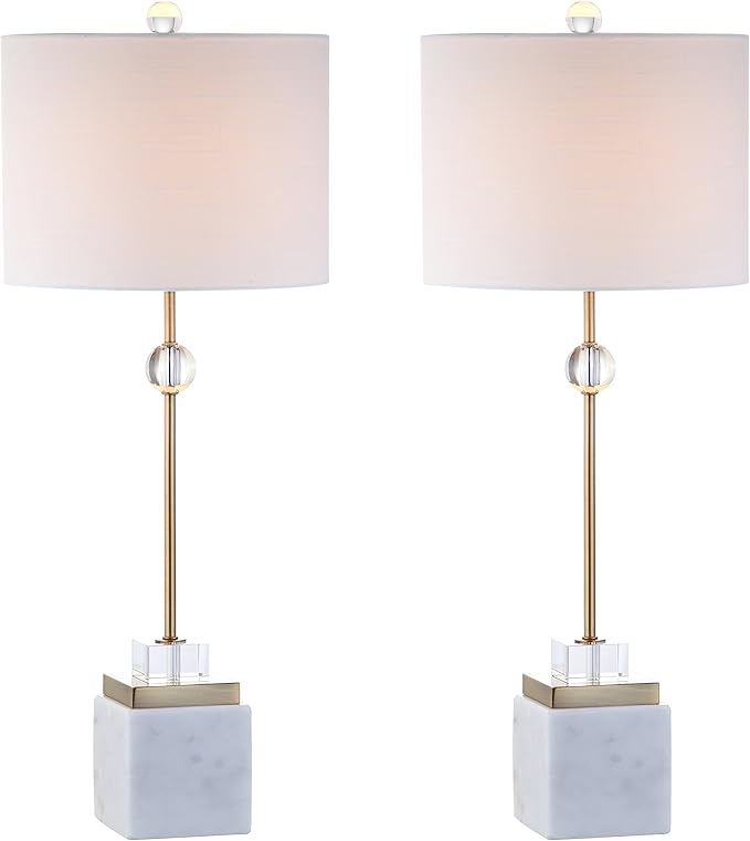 JONATHAN Y 30" White Marble and Brass Gold LED Table Lamp Set of 2, Modern Glam Crystal Pedestal Lamps for Living Room Bedroom, White Linen Shade, LED Bulbs Included JYL5008A-SET2