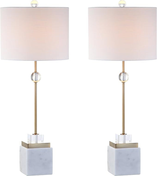 JONATHAN Y 30" White Marble and Brass Gold LED Table Lamp Set of 2, Modern Glam Crystal Pedestal Lamps for Living Room Bedroom, White Linen Shade, LED Bulbs Included JYL5008A-SET2