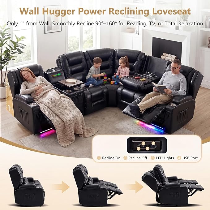 SAMERY Recliner Sectional Couch, Power Reclining Sectional Sofa, Wall Hugger Recliners RV Couch with Corner Couch, Flip-Backrest, Lift-Top Table, Ambient Lights, USB, Faux Leather, Black | Extra Wide Seat, Plush Padding, Dual Power Recline, Lift-Up Tab...