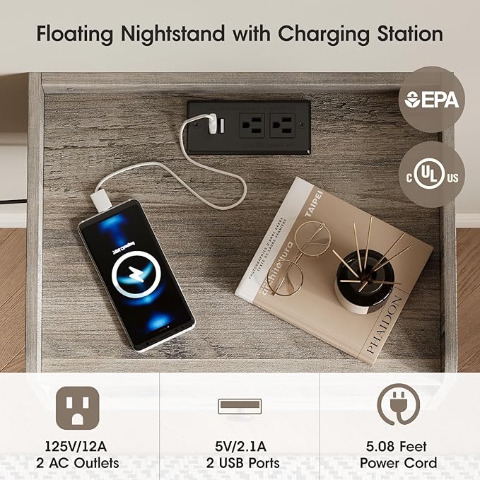 Floating Nightstand Set of 2 Modern Night Stands with Drawer and Open Shelf Cubby Small Bedside End Table with Charging Station Wall Mounted Nightstands Set 2 for Bedroom Grey