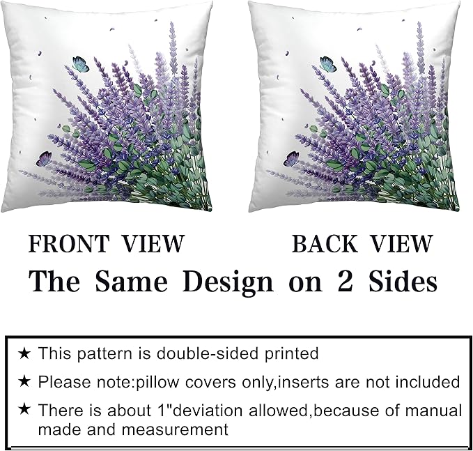 Spring Summer Floral Pillow Covers 20x20 Purple Lavender Decorative Pillow Covers Flowers and Butterflies Farmhouse Pillowcases for Outdoor Living Room Garden Sofa Set of 2