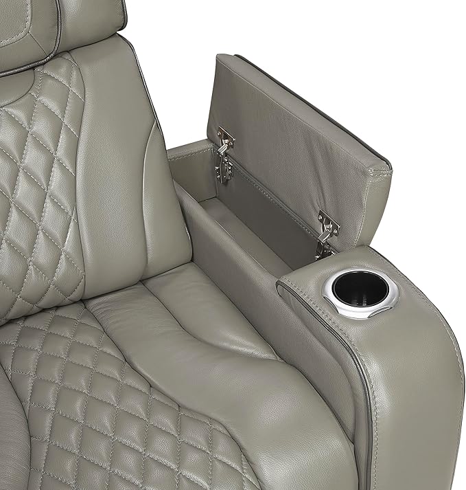Lexicon Power Double Reclining Sofa, Center Drop-Down Table with Heat/Massage/Headrest/Storage Arms/Cup Holders/LED Lights/Wireless Charging, Top Grain Leather Match Wall Hugger Recliner Sofa, Grey