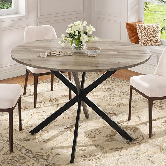 Unovivy 47 Inch Round Dining Table for 4, Space Saving Circle Dining Table with Pedestal Metal Frame, Farmhouse Wood Round Kitchen Table for Living & Dining Room, Light Ivory