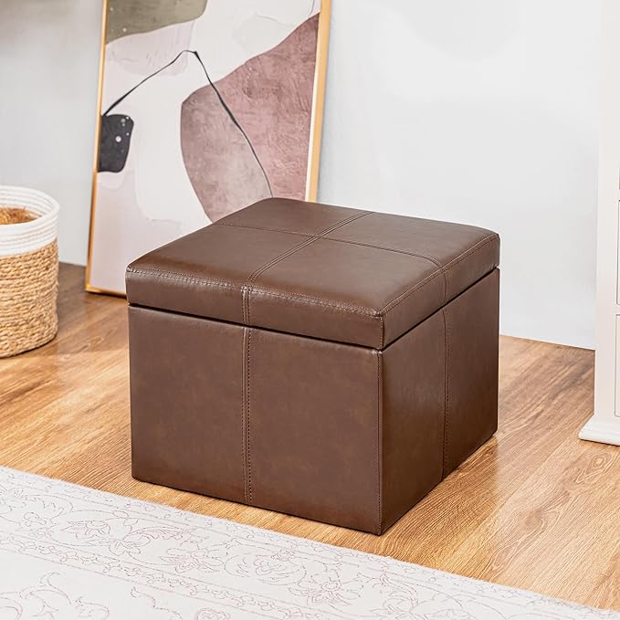 Adeco Faux Leather Storage Ottoman Bench for Living Room & Bedroom, Coffee Brown Cube Footrest Stool with Hidden Storage, Modern Accent Furniture, 17.3 Inch, Sturdy & Comfortable Seating