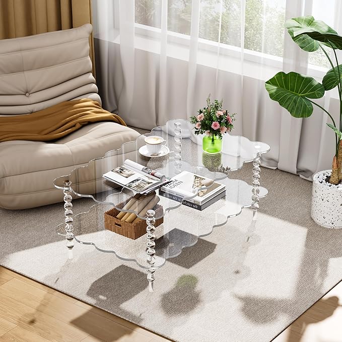 Acrylic Coffee Table, 2-Tier Living Room Table with Storage, Center Table Mid-Modern Century for Living Room, Easy to Assemble (Clear, 37.8“×23.6“×15.7”)