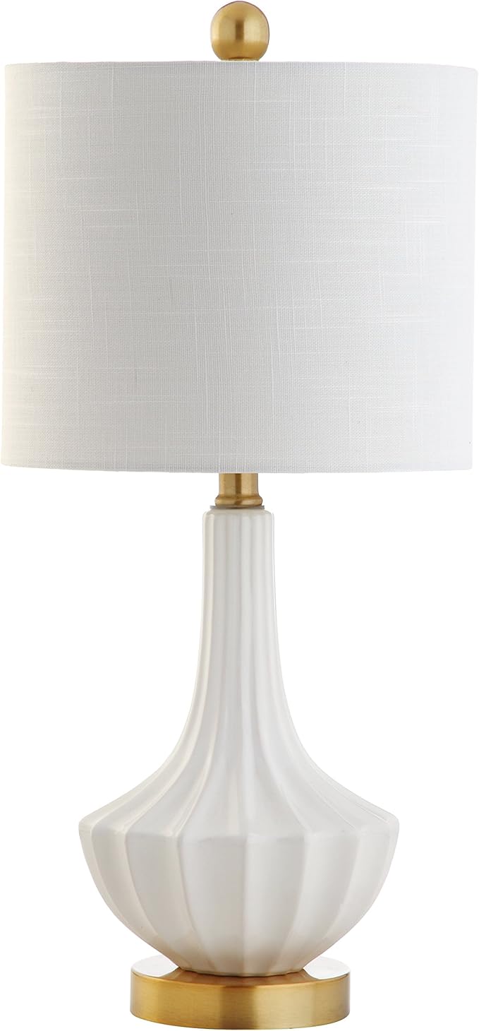 JONATHAN Y 21.5" White Ceramic Mini Table Lamp with Brass Accents, Modern Contemporary Fluted Design with White Linen Shade for Bedroom Living Room, LED Bulb Included JYL1030A