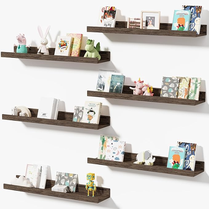 Wall Shelves for Living Room, Nursery Book Shelves Smoke Gray Bathroom Shelves Over Toilet Floating Shelves for Wall, Modern Wood Storage for Bedroom, Kid's Room, Kitchen, 24inch, Set of 6