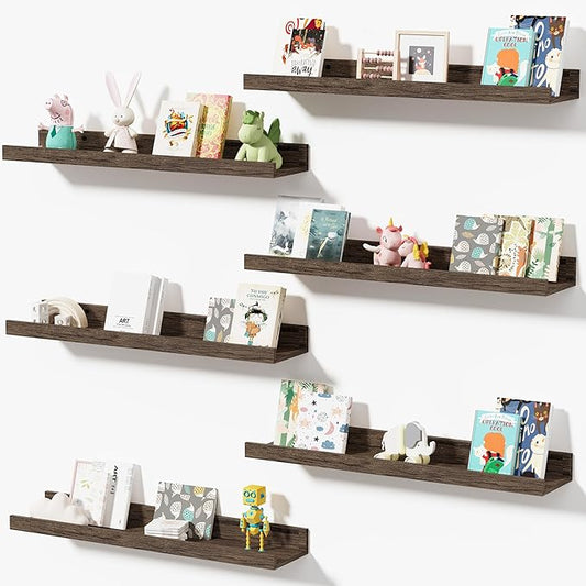 Wall Shelves for Living Room, Nursery Book Shelves Smoke Gray Bathroom Shelves Over Toilet Floating Shelves for Wall, Modern Wood Storage for Bedroom, Kid's Room, Kitchen, 24inch, Set of 6