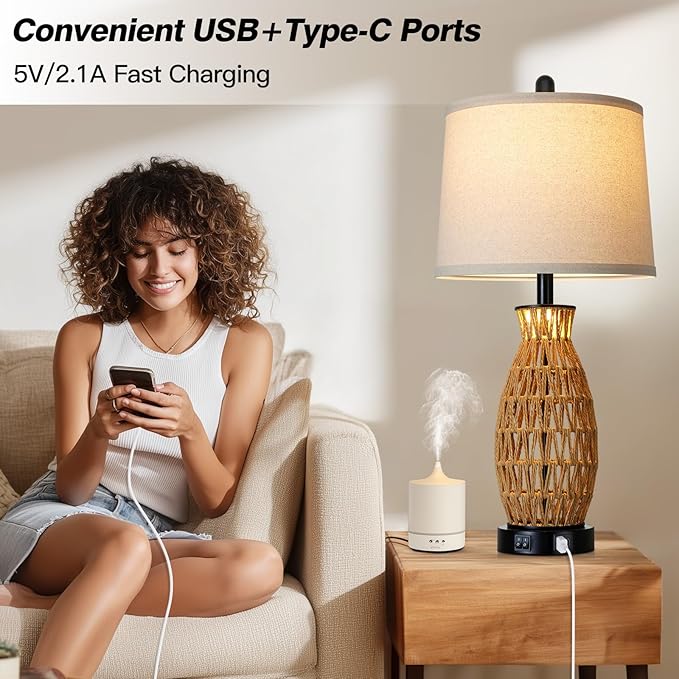 27" Rattan Table Lamps Set of 2 with Night Light, Boho Wicker Bedside Lamp for Bedroom with USB A+C Ports, Coastal Handwoven Woven Nightstand Lamps, Nautical Living Room Lamp for End Table