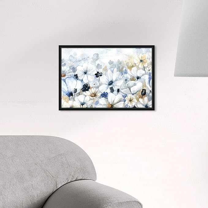 The Oliver Gal Artist Co. Floral and Botanical Wall Art Framed Canvas Prints 'Fields Flowers Home Décor, 15" x 10", Blue, White
