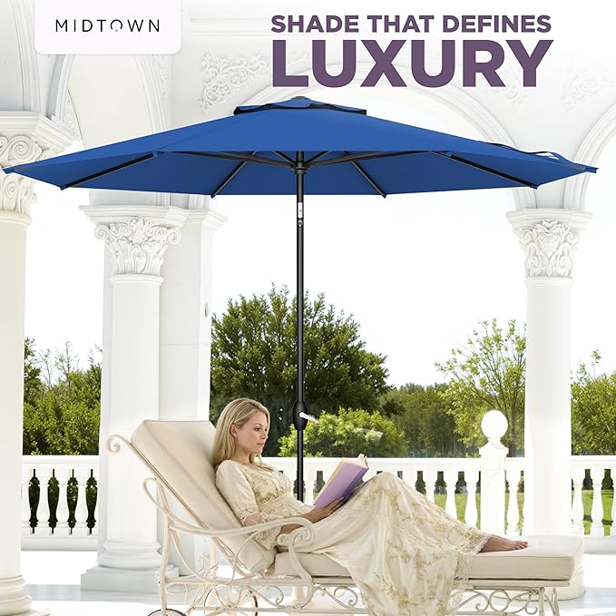 Midtown Umbrellas - The Lean 9 Ft Patio Umbrella with Fade-Resistant Sunbrella Fabric, Auto-Tilt Aluminum Frame and 8 Reinforced Ribs for Deck, Pool & Garden - Dark Blue Canopy, Black Pole