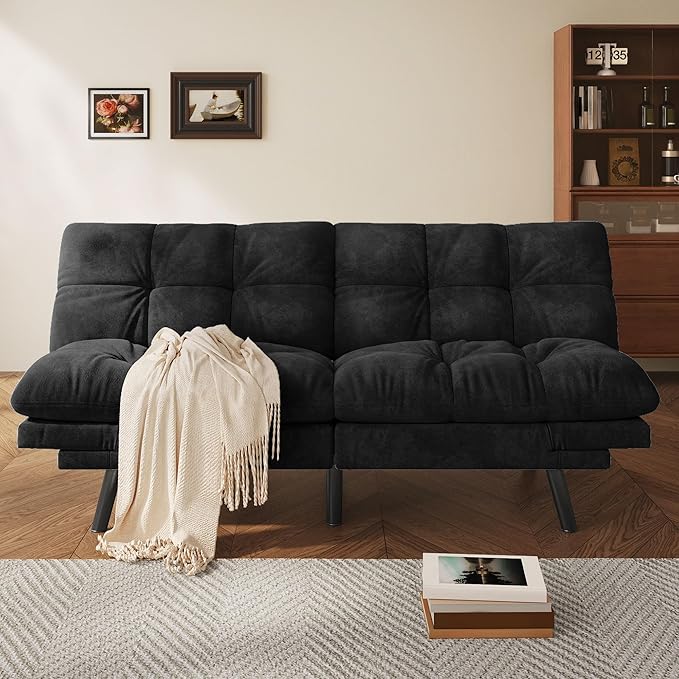 YITAHOME Futon Sofa Bed with 3-Position Adjustable Backrest & Armrests, Upholstered Loveseat Couch Bed, Expandable Foldable Design for Living Room, Bedroom, Small Apartments, Black