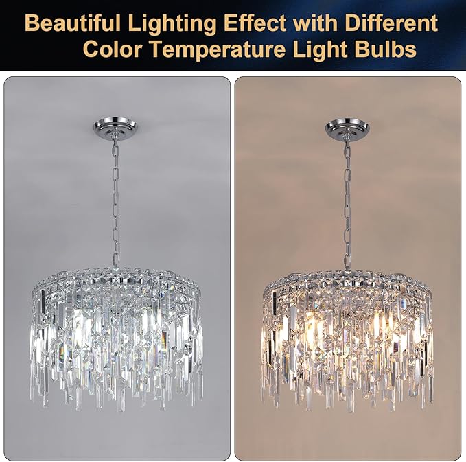 Round Crystal Chandelier Modern 20" Drum Chandelier with Chain Chrome Adjustable K9 Raindrop Crystal Ceiling Pendant Fixtures 2 Tiers for Dining Room Bedroom Living Room
