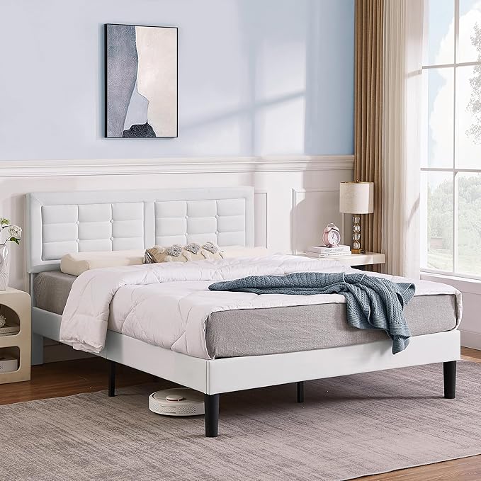 VECELO Queen Size Bed Frame with Adjustable Headboard, Upholstered Button Tufted Platform Bedframe with Wood Slats Support, No Box Spring Needed, Linen & White