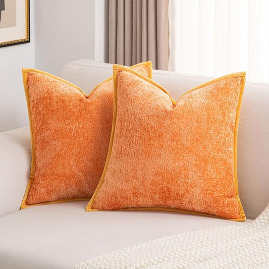 FUTEI Orange Chenille Throw Pillow Covers 16x16 Inch Set of 2,Soft Cozy Bound Edge Design Cushion Case,Home Decor for Couch Bed Living Room