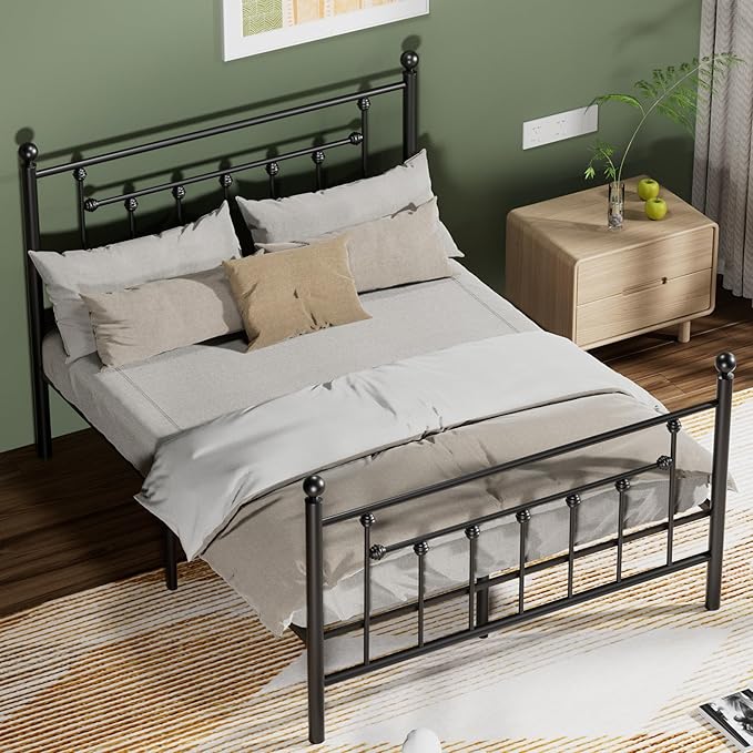 VECELO Queen Size Metal Platform Bed Frame with Headboard and Footboard, Heavy Duty Slat Support / No Box Spring Needed Mattress Foundation/ Underbed Storage Space, Victorian Style