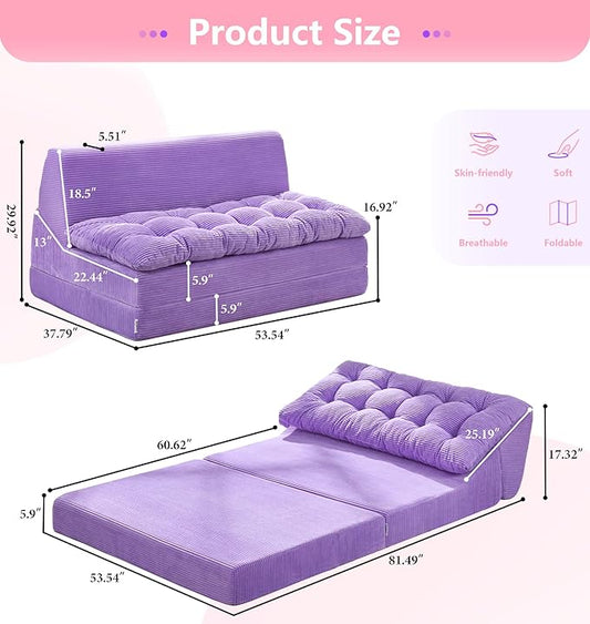 Hobestluk Sofa Couch Folding Sofa Bed Sleeper Comfy Floor Lounger Loveseat Sofa with Removable Cushion Couches Foldable Mattress for Living Room Bedroom or Office (Cordury Purple, Oversize)