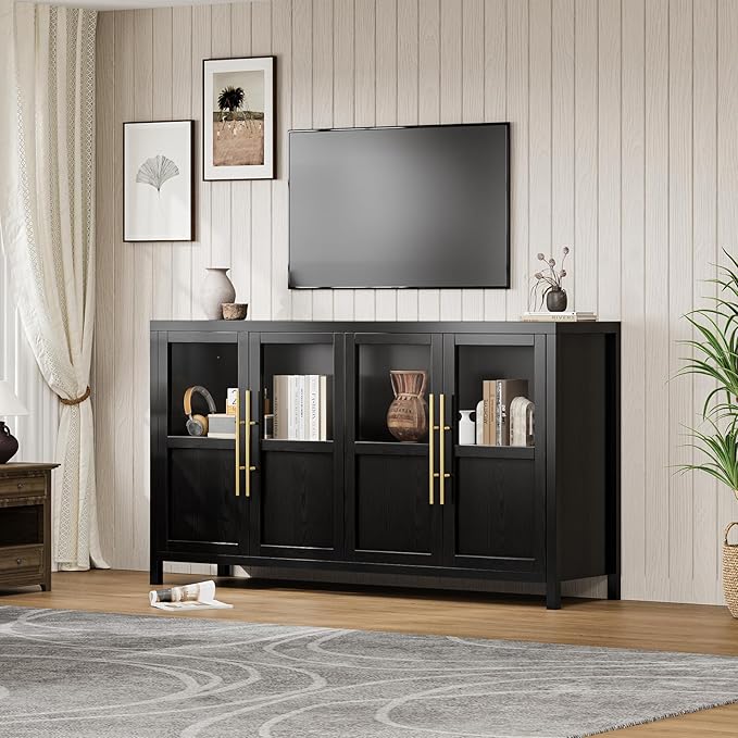 GarveeHome Sideboard Buffet Cabinet with 4 Glass Doors, 55 in Buffet Table Coffee Bar Wine Bar Display Cabinet for Kitchen Dining Room, Living Room (Glass with 4 Doors, Dark)