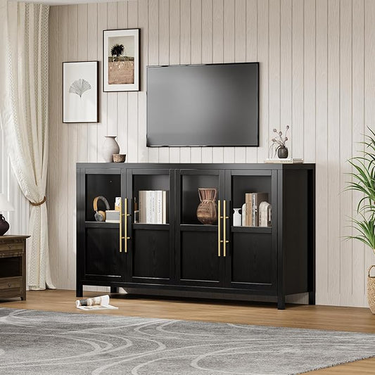 GarveeHome Sideboard Buffet Cabinet with 4 Glass Doors, 55 in Buffet Table Coffee Bar Wine Bar Display Cabinet for Kitchen Dining Room, Living Room (Glass with 4 Doors, Dark)