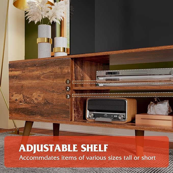WLIVE Mid-Century Modern TV Stand for 55/60 Inch TV, Entertainment Center with Storage & Adjustable Shelves, Media Console with Soft-Close Cabinets for Living Room/Bedroom, Retro Brown