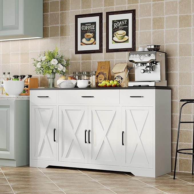 GAOMON Buffet Cabinet with Drawers, 55inch Wood Coffee Bar Large Sideboard Buffet Storage Cabinet with Shelves and Doors for Kitchen Dining Living Room, White/Black