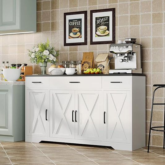 GAOMON Buffet Cabinet with Drawers, 55inch Wood Coffee Bar Large Sideboard Buffet Storage Cabinet with Shelves and Doors for Kitchen Dining Living Room, White/Black