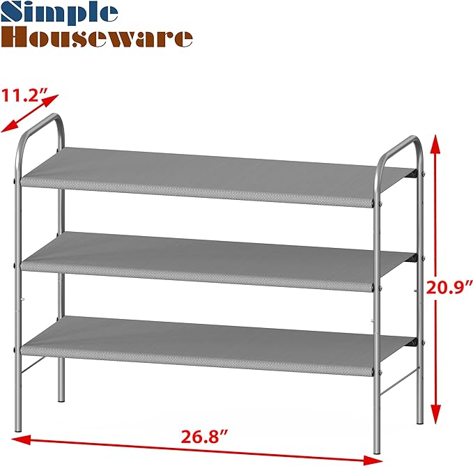 Simple Houseware 3-Tier Shoe Rack Storage Organizer, Grey – Space-Saving Shoe Shelf, Holds 9–16 Pairs, Sturdy Metal Frame, Easy Assembly – Closet, Entryway, Bedroom Shoe Storage Solution