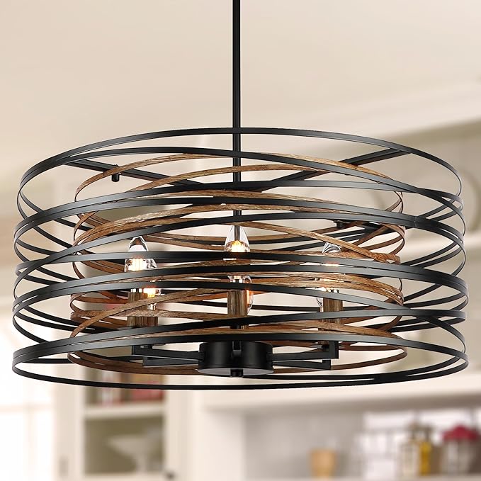 6-Light Dining Room Chandeliers Farmhouse，23.6" Large Black Farmhouse Chandelier，Wood Grain and Vintage Black Dining Room Light Fixture for Kitchen Entryway Living Room
