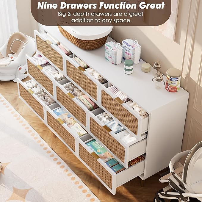 GarveeHome Rattan 9 Drawer Dressers for Bedroom, Tall Dresser with Deep Drawers, Large Chest of Drawers for Closet with Wide Top, Long Wooden Dresser for Living Room, Hallway, Kids Room, White