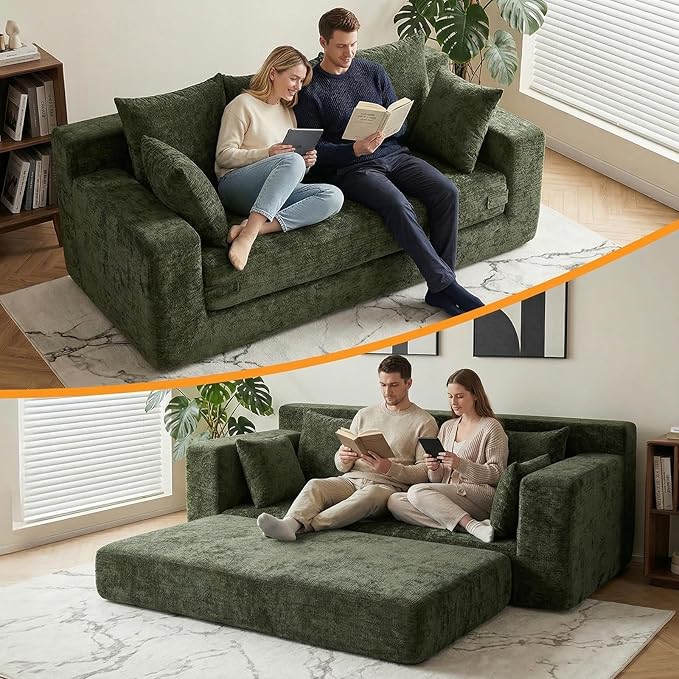 Boneless Couches 70", 3 Seater Boneless Couch with Pull Out Sofa Bed, Boneless Couch Bed with 5 Pillows Green, Plush Velvet Sofa for Living Room & Bedroom