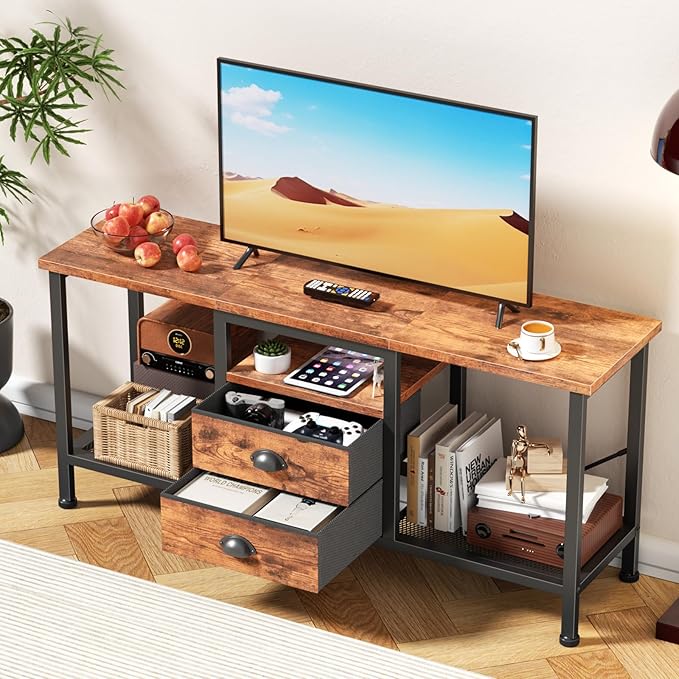 Furologee TV Stand with 2 Fabric Drawers, 43 Inch Entertainment Center with Open Storage Shelves, Media Console Table for Bedroom, Living Room, Rustic Brown