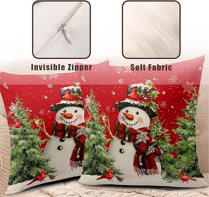 Red Winter Pillow Covers 22x22 Set of 2 Christmas Snowman Throw Pillow Covers Xmas Pine Tree Bird Snowflake Cushion Cases Farmhouse Square Pillowcase for Bed Couch Sofa Living Room