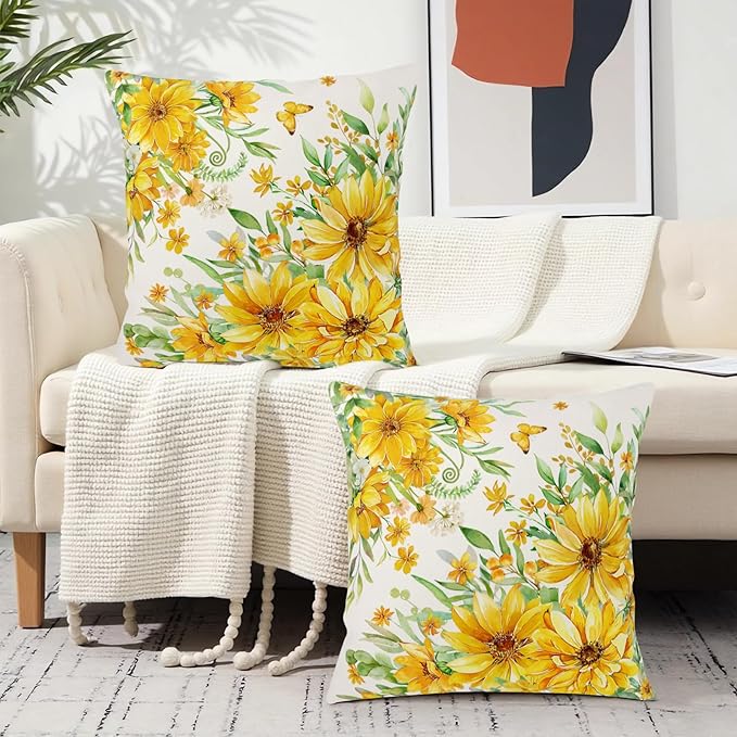 Summer Daisy Pillow Covers 24x24 Set of 2 Yellow Flowers Sunflower Butterfly Decorative Throw Pillows Seasonal Spring Floral Outdoor Cushion Case for Home Couch Sofa Decor