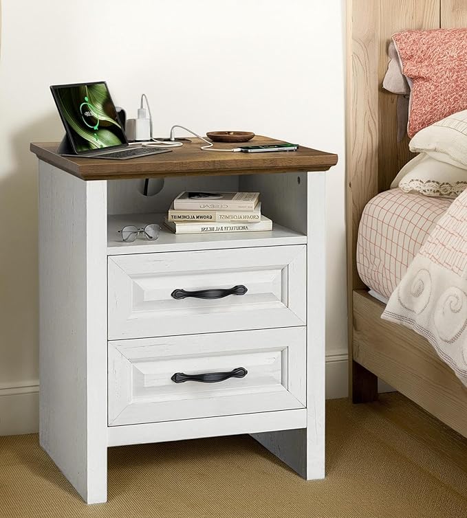Marsail Nightstand with Charging Station, Farmhouse Bedside Table with 2 Drawers and Open Shelf, Bedside Storage Cabinet for Bedroom, Rustic End Side Table, Wood White
