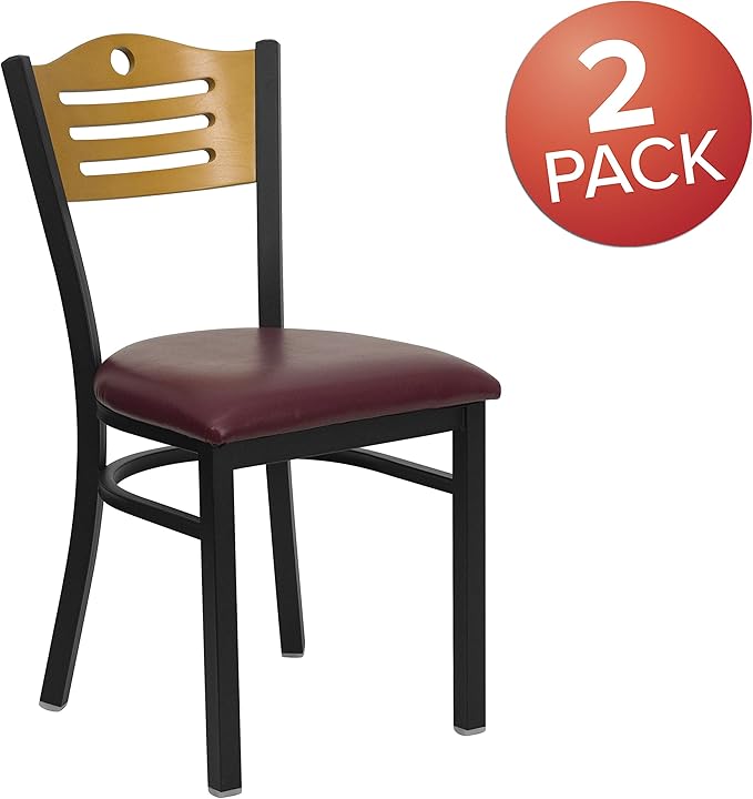 Flash Furniture 2 Pk. HERCULES Series Black Slat Back Metal Restaurant Chair - Natural Wood Back, Burgundy Vinyl Seat