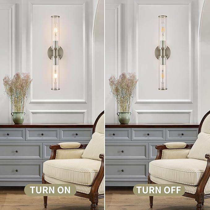 Rechargeable Battery Wall Sconce with Remote Control, Nickel Wireless Wall Lights, Easy Install Dimmable Battery Sconces Wall Decor Set of 2 for Living Room Bedroom Hallway Entryway Stairwell, 3000K