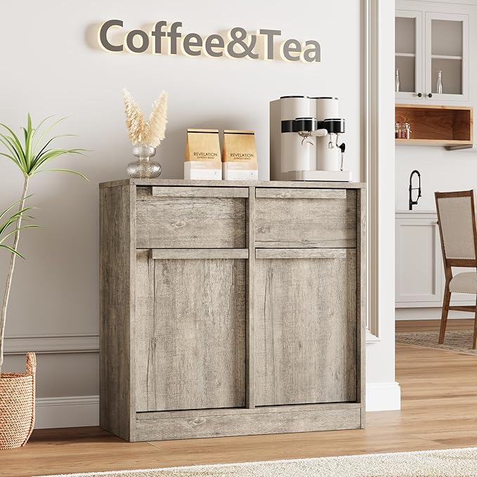 GarveeHome Sideboard Buffet Cabinet with 2 Drawers, 31.5 in Large Coffee Cabinet with Storage, Modern Storage Buffet Table for Kitchen Dining Room, Living Room (Grey, 2 Doors & 2 Drawers)