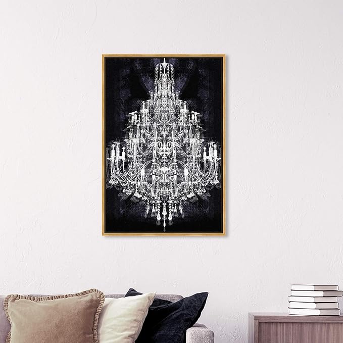 The Oliver Gal Artist Co. Fashion and Glam Framed Wall Art Canvas Prints 'Montecarlo Crystal' Chandeliers Home Décor, 24" x 36", White, Black