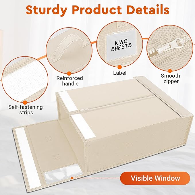 2 Pack Bed Sheet Closet Organizers and Storage,Sturdy Foldable Storage Containers with Window and Label,Storage and Organization for Bedding Sheets,Duvet Covers,Blankets (Beige)