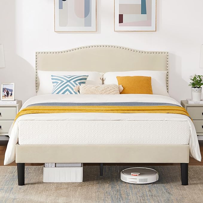 VECELO Queen Bed Frame, Platform Bed Frame with Adjustable Height Upholstered Headboard, Heavy-Duty Frames and Strong Wooden Slats Support, Non-Slip and Noise-Free, Easy Assembly, Beige