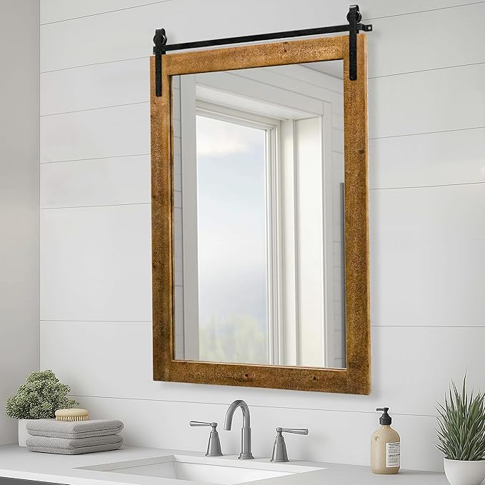 Farmhouse Barn Door Mirror, 25" x 38" Rustic Bathroom Mirror, Wood Framed Wall Mirrors, Rectangular Decor Mirrors for Living Room, Bedroom, Entryway, Brown