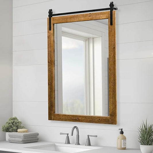Farmhouse Barn Door Mirror, 25" x 38" Rustic Bathroom Mirror, Wood Framed Wall Mirrors, Rectangular Decor Mirrors for Living Room, Bedroom, Entryway, Brown