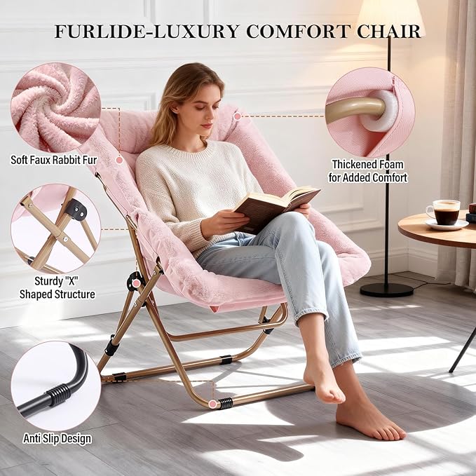 Modern Pink Faux Fur Foldable Metal Frame Recliner Chair for Bedroom, Living Room, Balcony