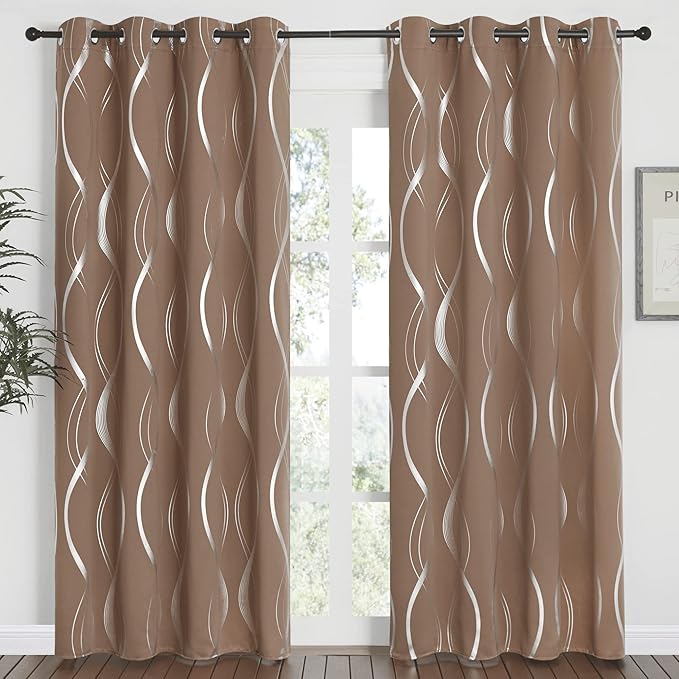NICETOWN Blackout Curtains Panels for Living Room, Sound Reducing Thermal Insulated Wave Line Foil Print Design Blackout Curtains for Patio Sliding Glass Door (2 Panels, 52 x 84 Inch, Cappuccino)