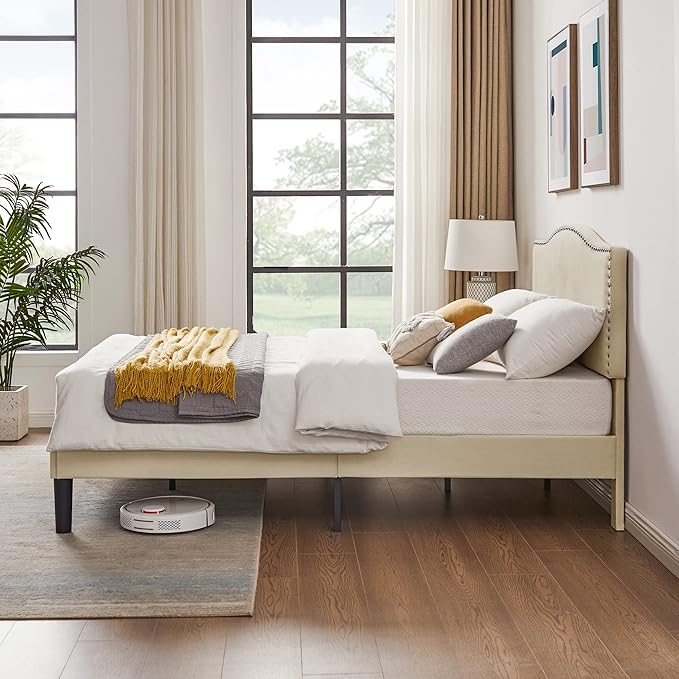 VECELO Queen Bed Frame, Platform Bed Frame with Adjustable Height Upholstered Headboard, Heavy-Duty Frame and Strong Wooden Slats Support, Non-Slip and Noise-Free, Easy Assembly, Beige