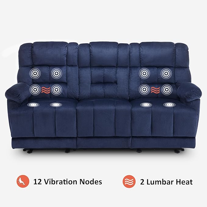 MCombo Zero Gravity Power Recliner Sofa with Drop Down Table, Heat and Vibration Massage, 3 Seater Dual Reclining Couch with USB Ports, Cup Holders for Living Room, Fabric RS6236 (Navy Blue)