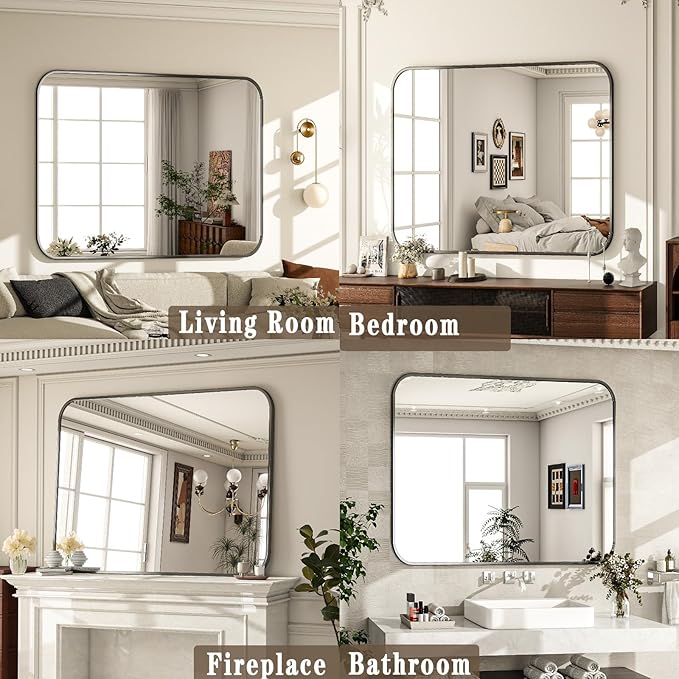 30×40 Inch Bathroom Mirror - Wall Mounted Vanity Mirror with Round Corner Aluminum Alloy Frame, Hanging Horizontally Vertically for Living Room, Bedroom, Hallway as Home Decor, Black